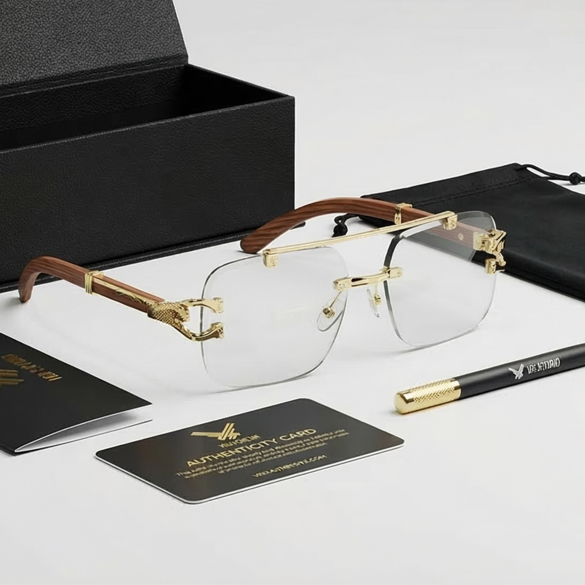 Trend Verse™ Solar Cheetah Photochromic Glasses 🐆 | Luxury Rimless Transition Sunglasses | Sculpted Gold Hinge ☀️🕶️