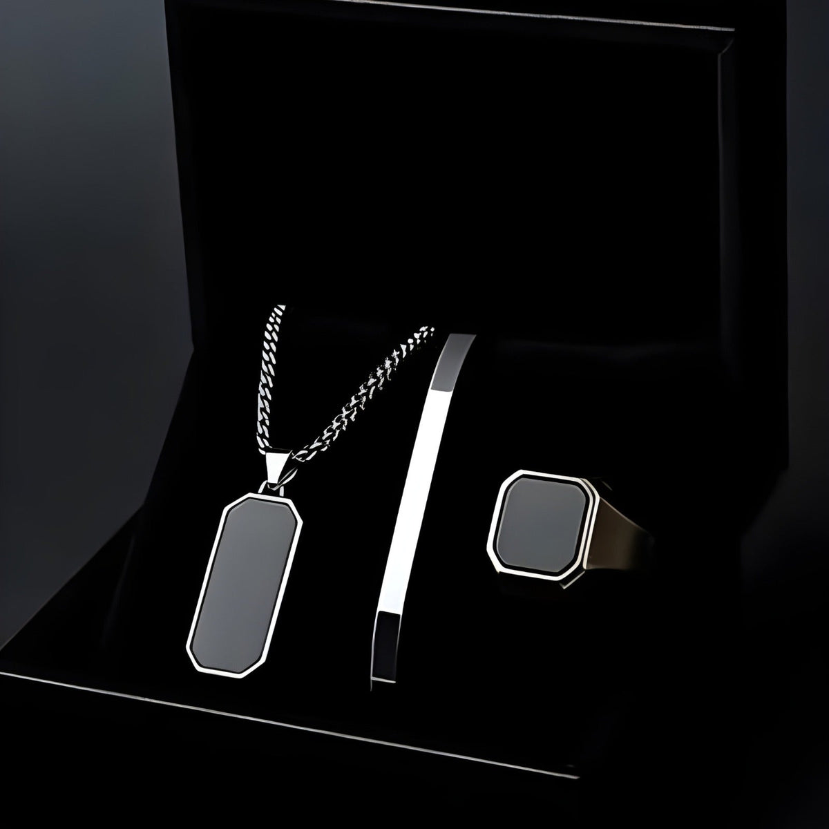 Onyx Black Men’s Luxury Jewelry Set – Necklace, Bracelet & Ring